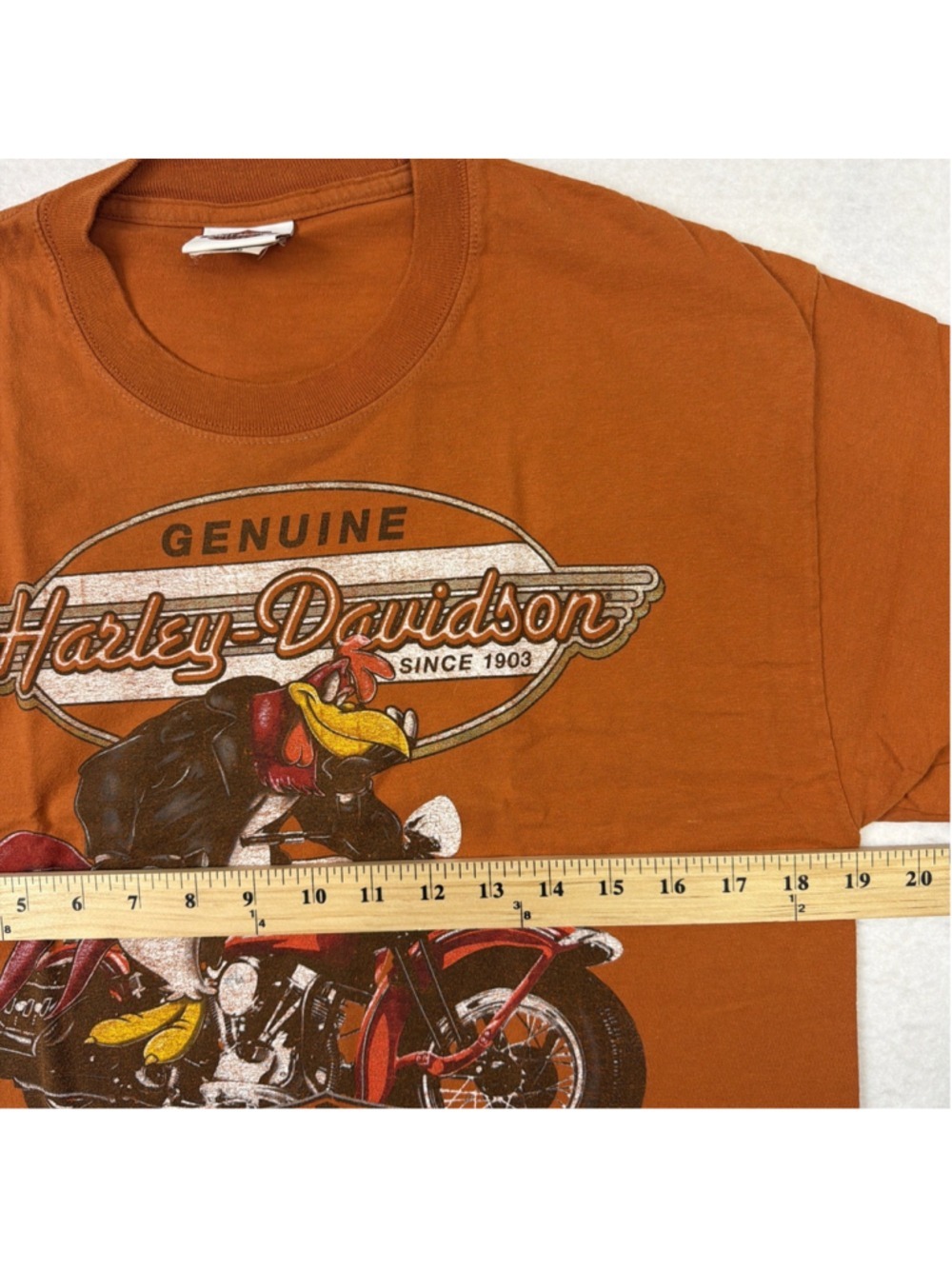 Y2K Harley Davidson American Eagle shirt Corinth TX Sz M Foghorn Leghorn Orange - Picture 7 of 8